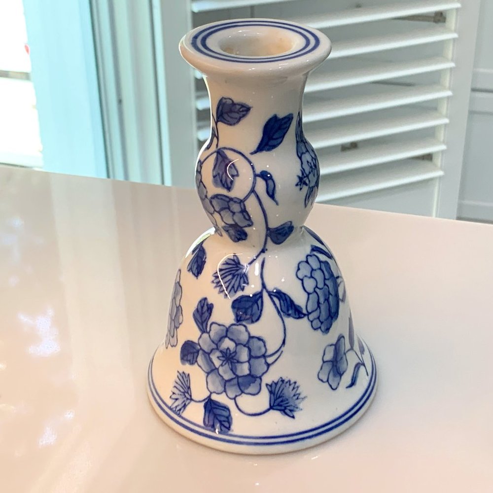 Vintage White and Blue Floral Candle Holder